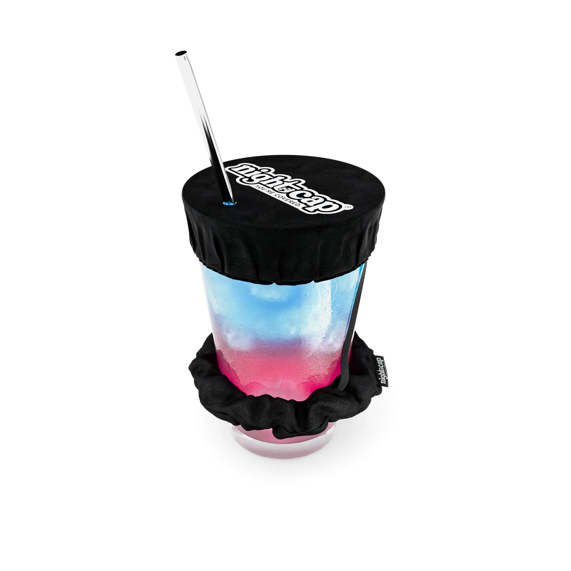 Black NightCap reusable drink cover secured over a cocktail with a reusable straw for drink spiking prevention and beverage protection.