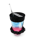 Black NightCap reusable drink cover secured over a cocktail with a reusable straw for drink spiking prevention and beverage protection.