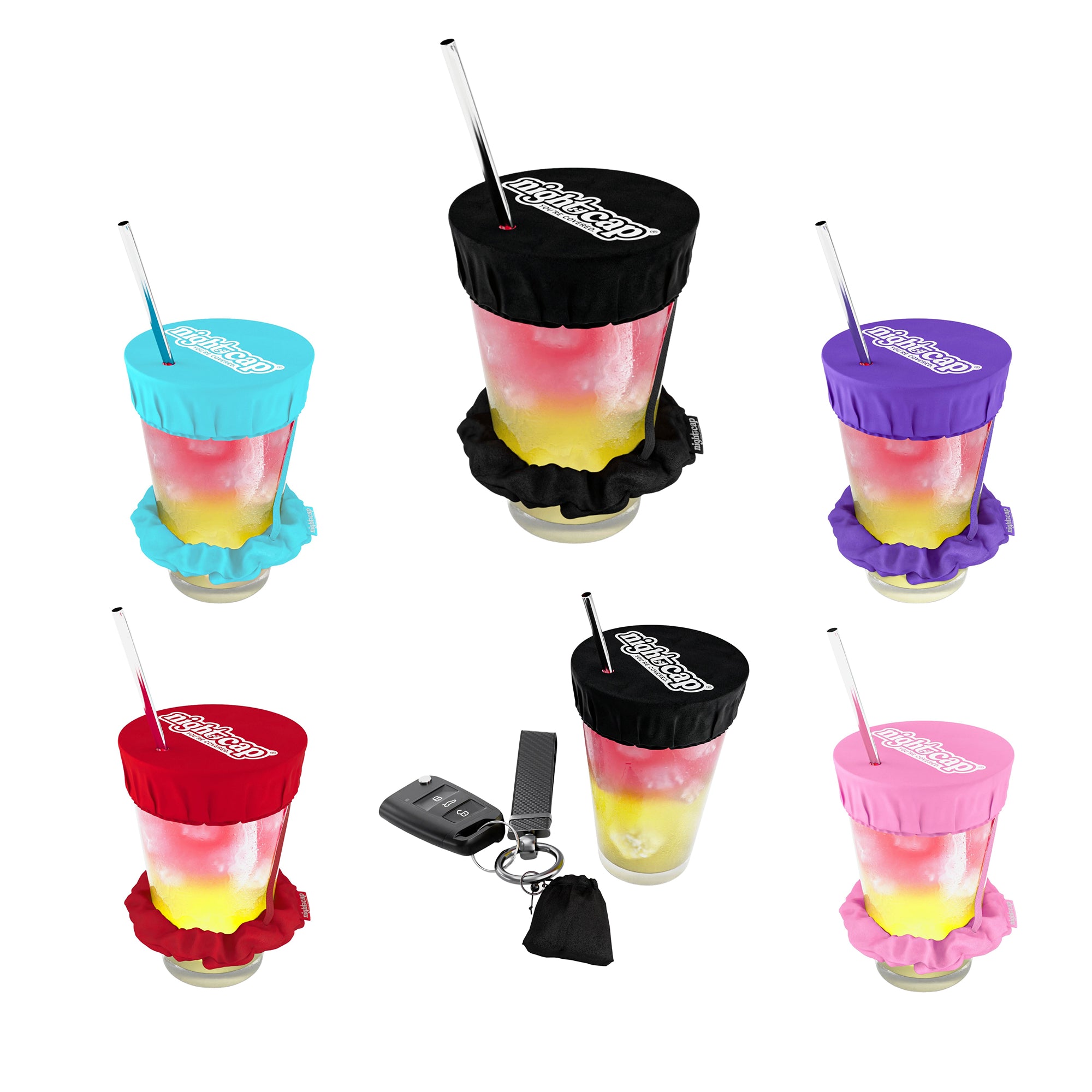 NightCap reusable drink cover scrunchie bundle in multiple colors with anti drink spiking covers and travel keychain accessory