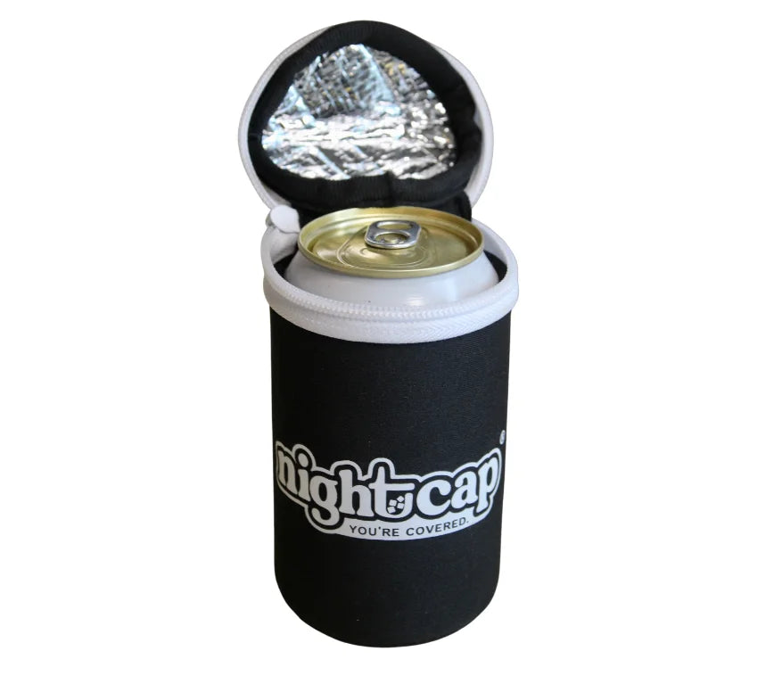 NightCap Can Cooler Cover for standard 12 oz cans with insulated zippered lid open, helping protect beverages from drink spiking, bugs, sand, and debris while keeping drinks cold.