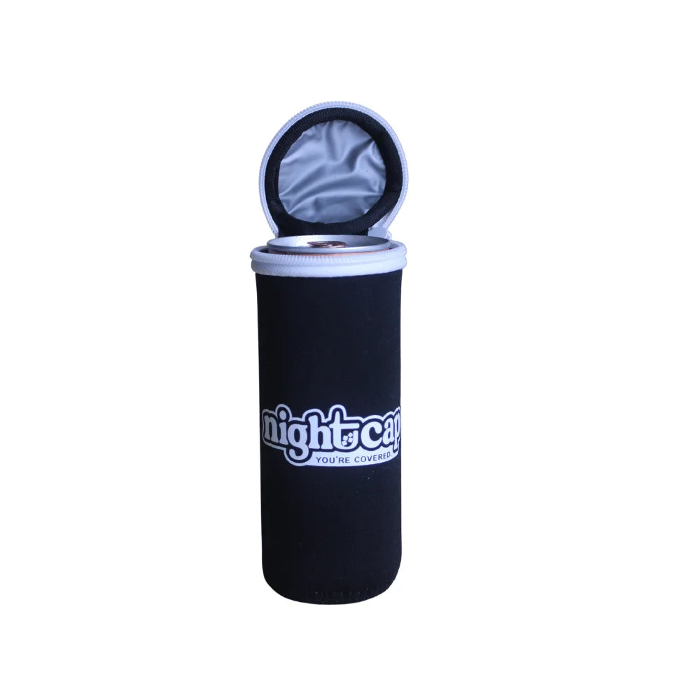 NightCap Can Cooler Cover for skinny cans with insulated zippered lid open, helping protect hard seltzers, energy drinks, and slim canned beverages from drink spiking, bugs, sand, and debris while keeping drinks cold.