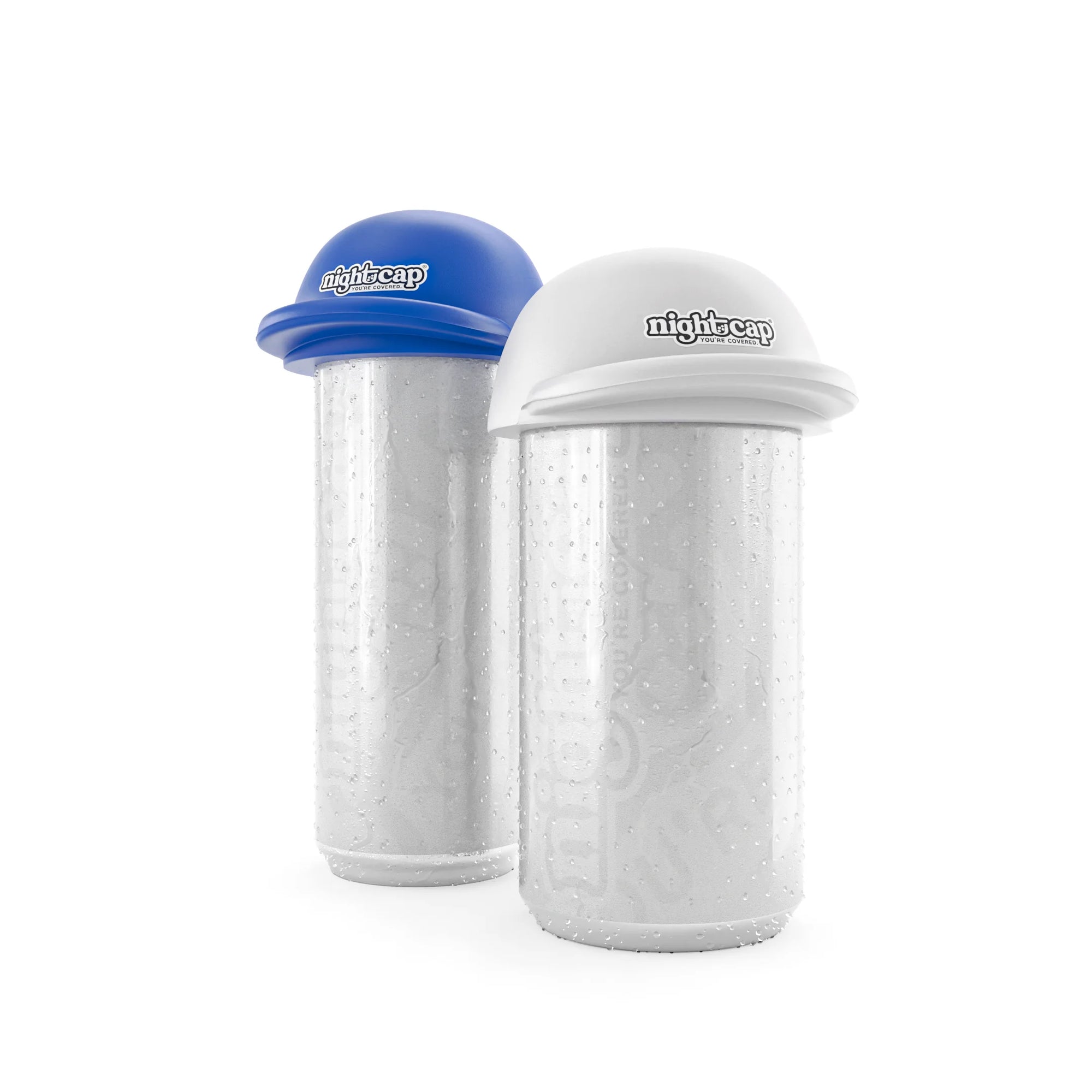 NightCap CanCap reusable drink cover for soda, seltzers, and beer cans in blue and white, helping protect beverages from drink spiking and contamination.