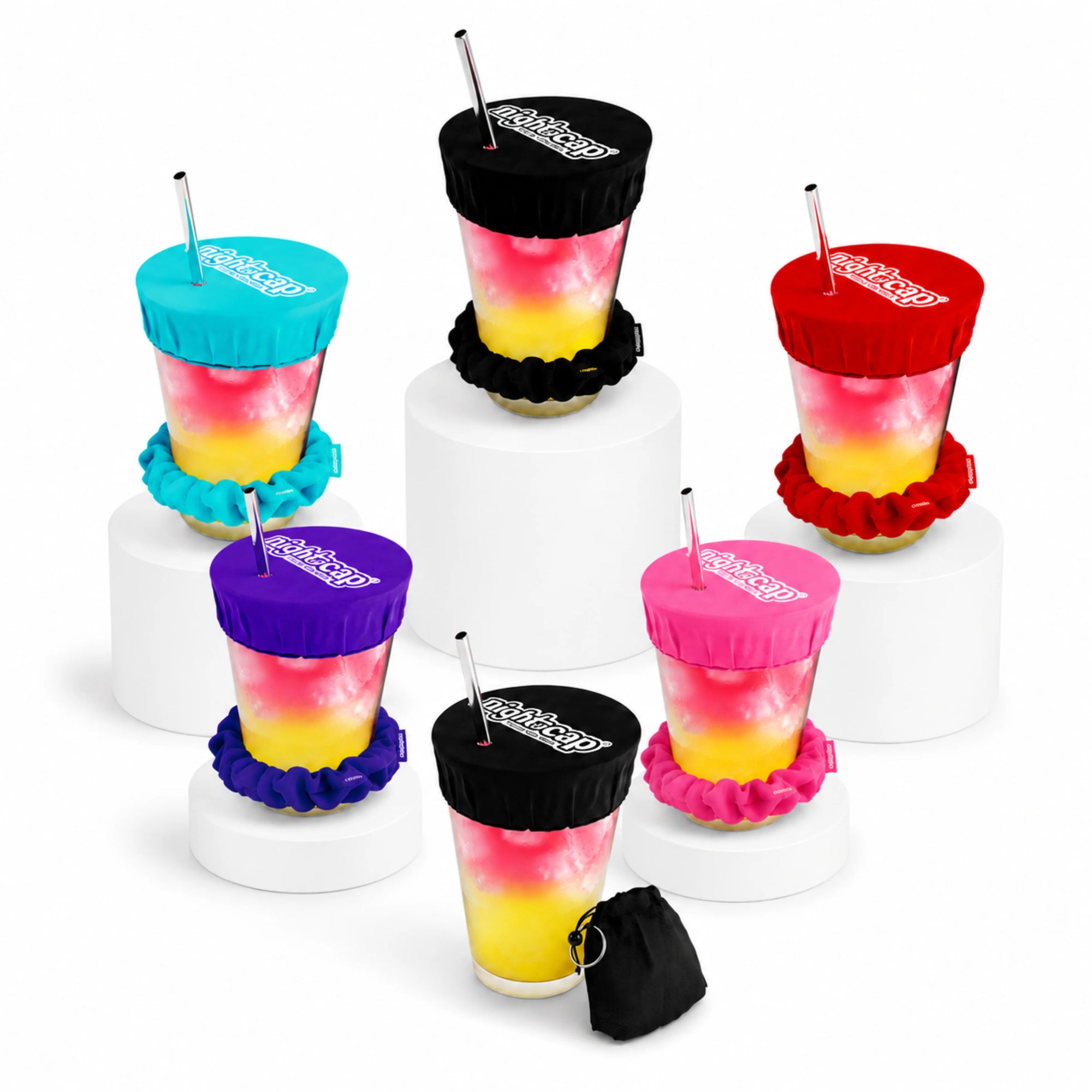 NightCap reusable drink cover scrunchie bundle in multiple colors with anti drink spiking covers and travel keychain accessory