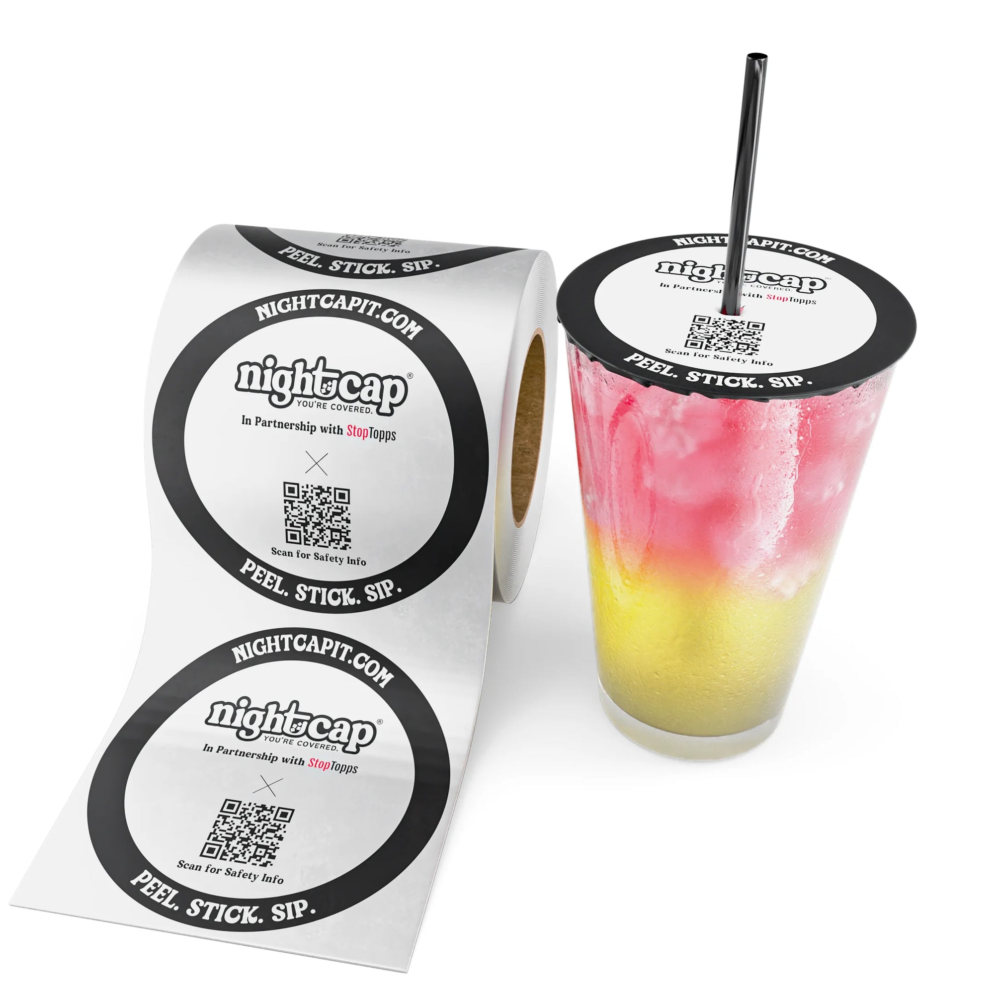 NightCap and StopTopps drink protection sticker roll beside a cocktail sealed with a peel-and-stick drink safety cover and reusable straw.